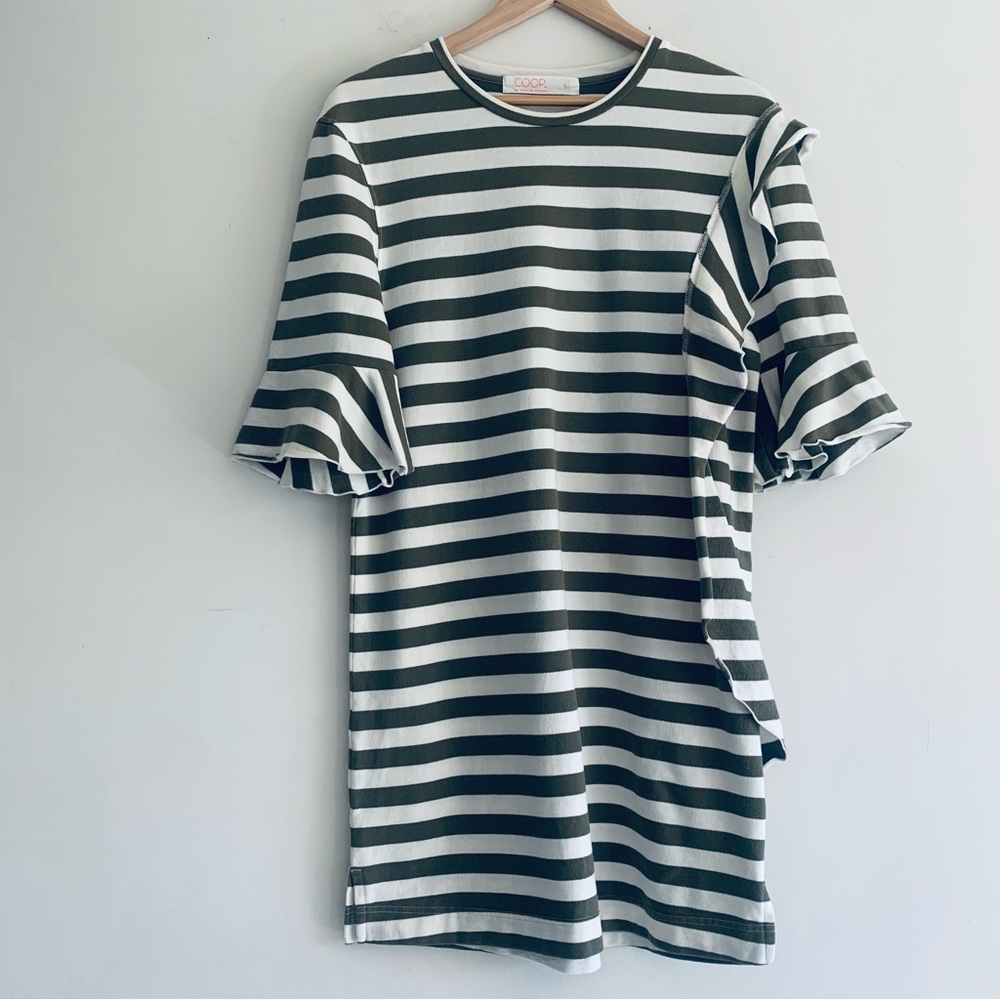 COOP by Frelise Cooper Khaki White Stripe Knee Length T Shirt Dress Women's SM